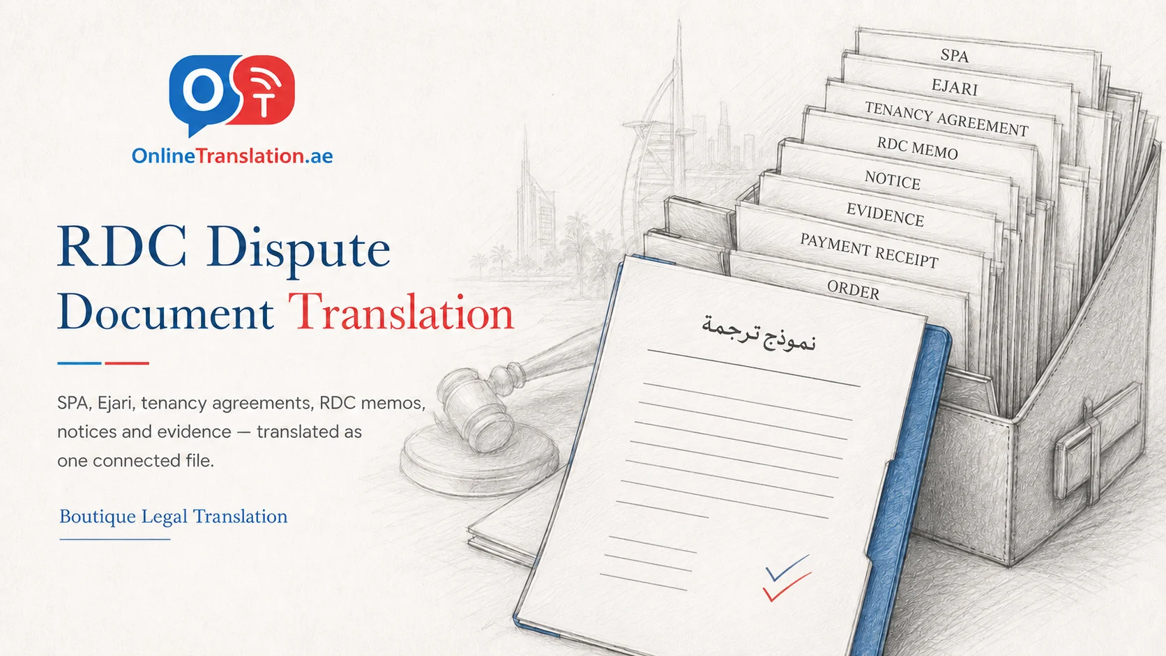 Illustration of one RDC dispute translation file containing SPA, Ejari, tenancy agreement, memo, notice, evidence, payment receipt and order documents.