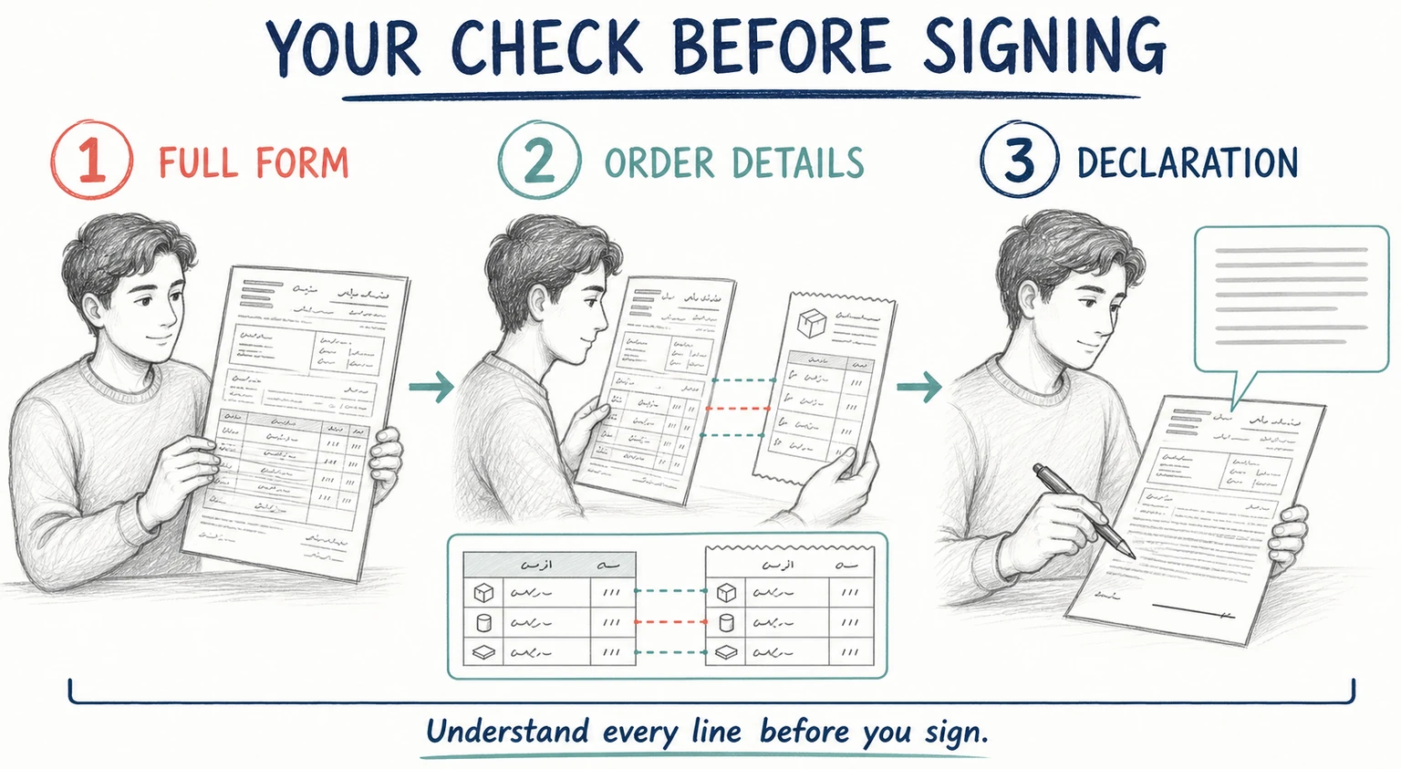 Pencil-sketch customer checking a complete Arabic customs declaration against order details, then reading the declaration before signing.