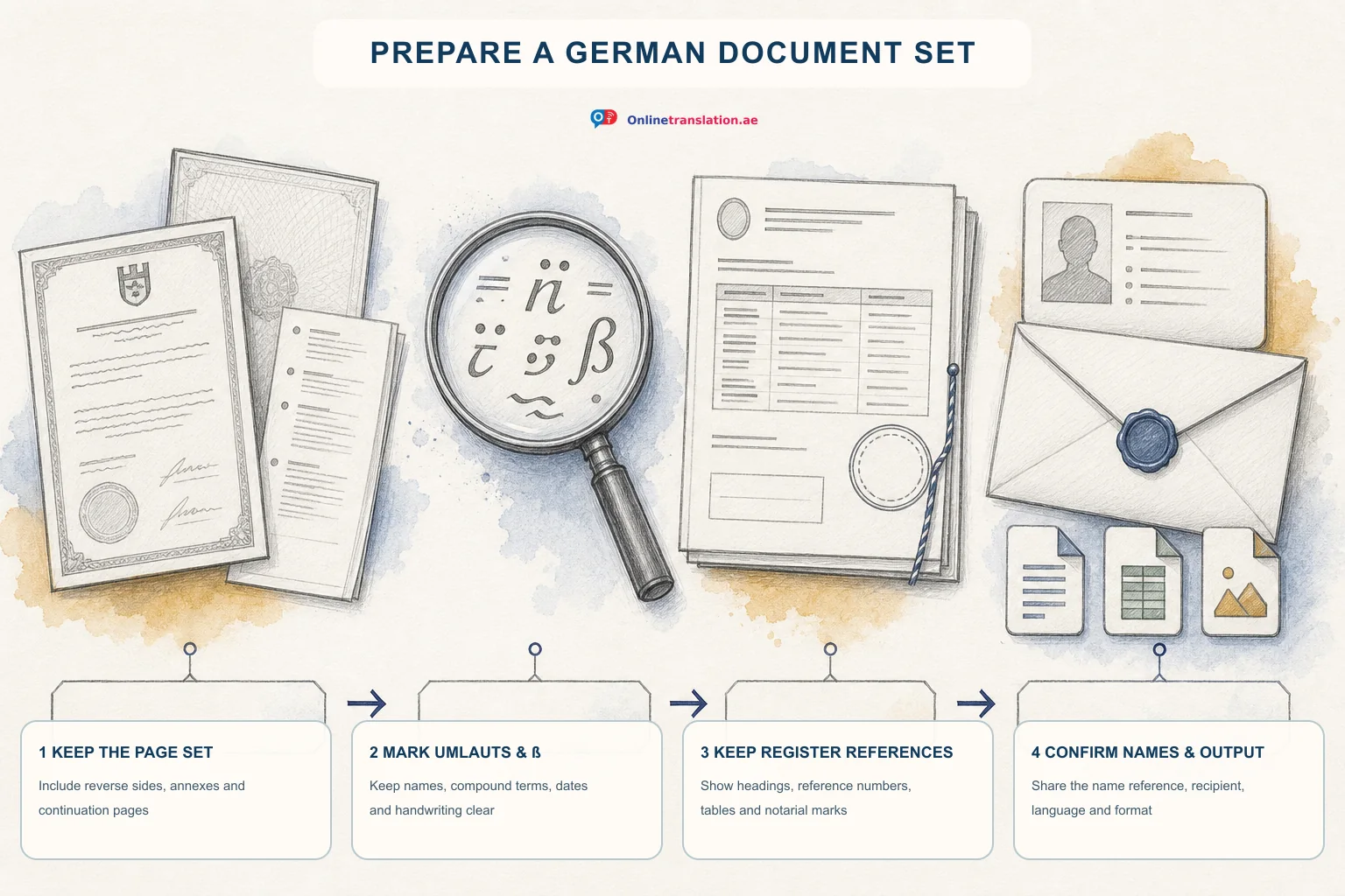 OnlineTranslation.ae pencil infographic showing four checks before German translation: keep the full page set, preserve umlauts and the Eszett, retain register references and notarial marks, then confirm names, recipient, language and format.