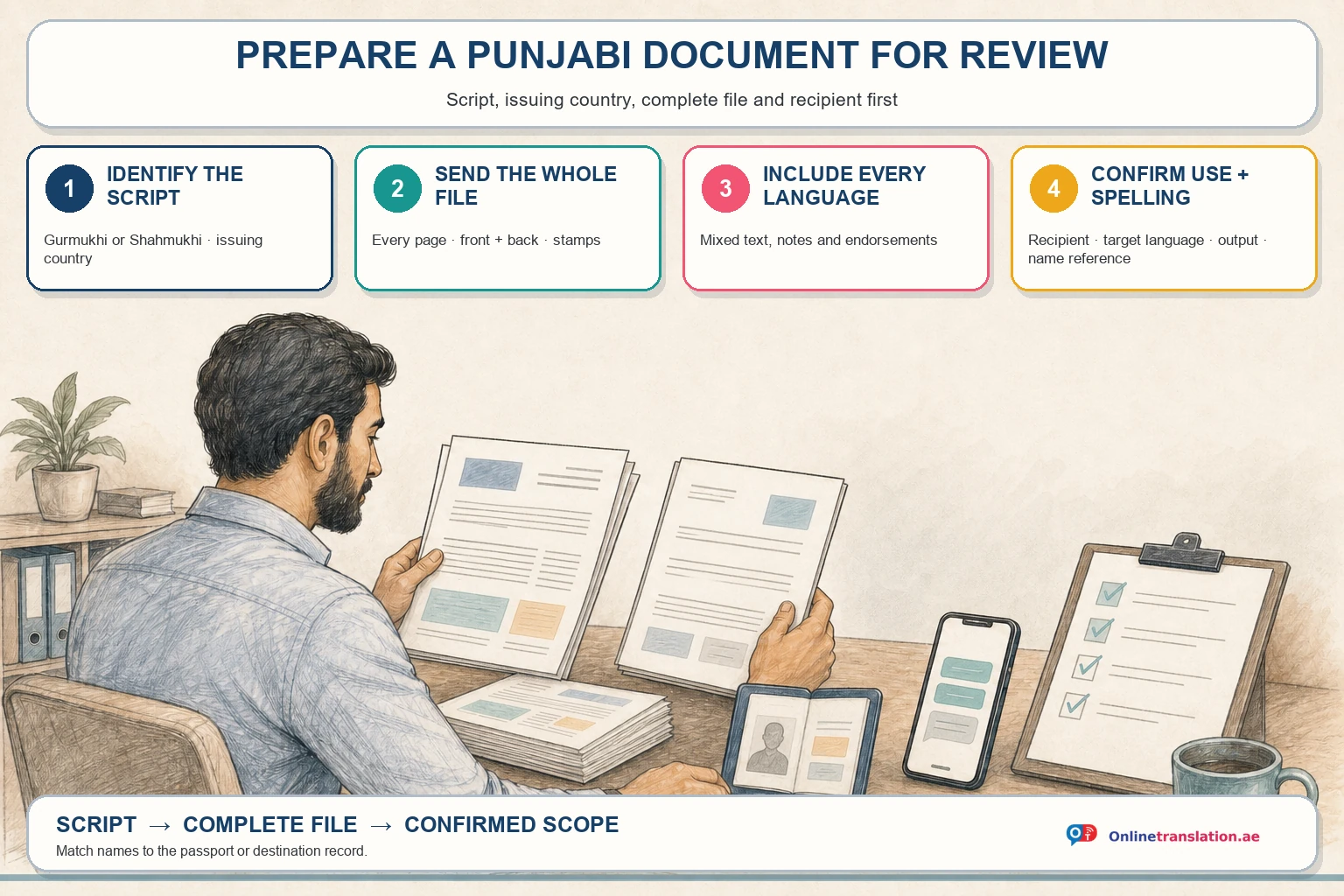 OnlineTranslation.ae pencil infographic titled Prepare a Punjabi document for review. Four steps say to identify Gurmukhi or Shahmukhi and the issuing country, send every page with the front, back and stamps, include all mixed-language text, and confirm the recipient, target language, output and name reference.