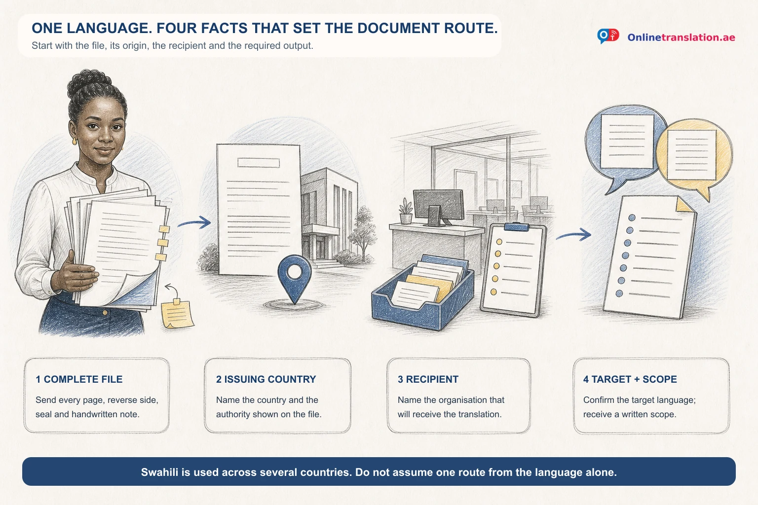 Four facts that set a Swahili document route: complete file, issuing country and authority, receiving organisation, and target language with written scope.