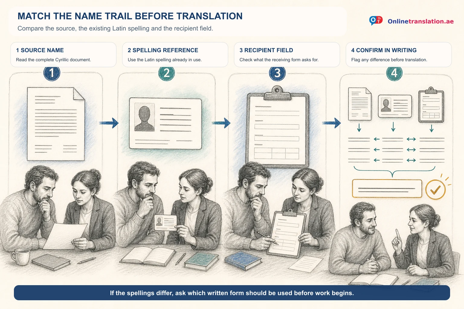 Four-step name check before Ukrainian translation: compare the Cyrillic source name, the existing Latin spelling reference, and the receiving organisation's field, then confirm any difference in writing.